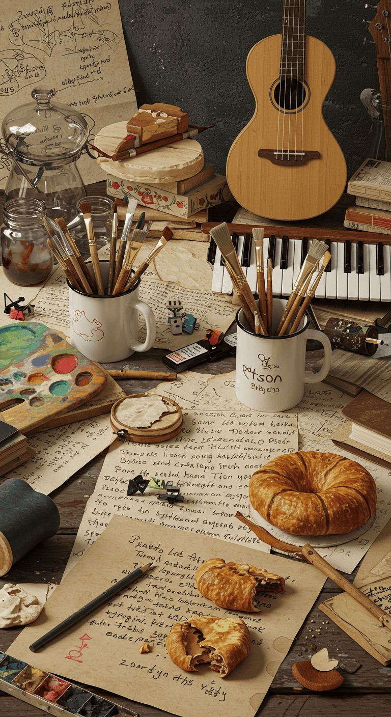 a messy desk covered in creative items like instruments, painting supplies, and writing supplies