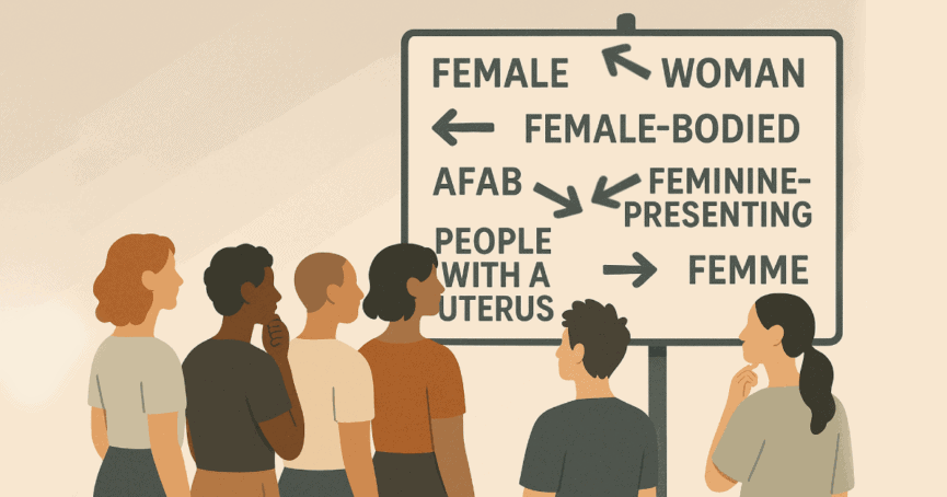 a group of diverse people all staring at a sign with different gender related terms all pointing in different directions
