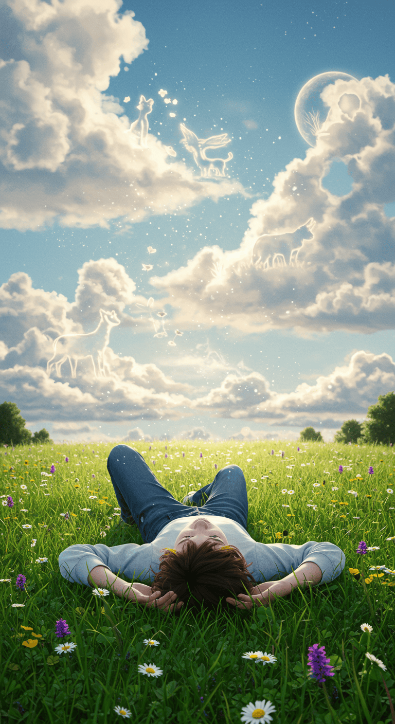 A person lying in a field of wildflowers looking up at magical shapes in the clouds